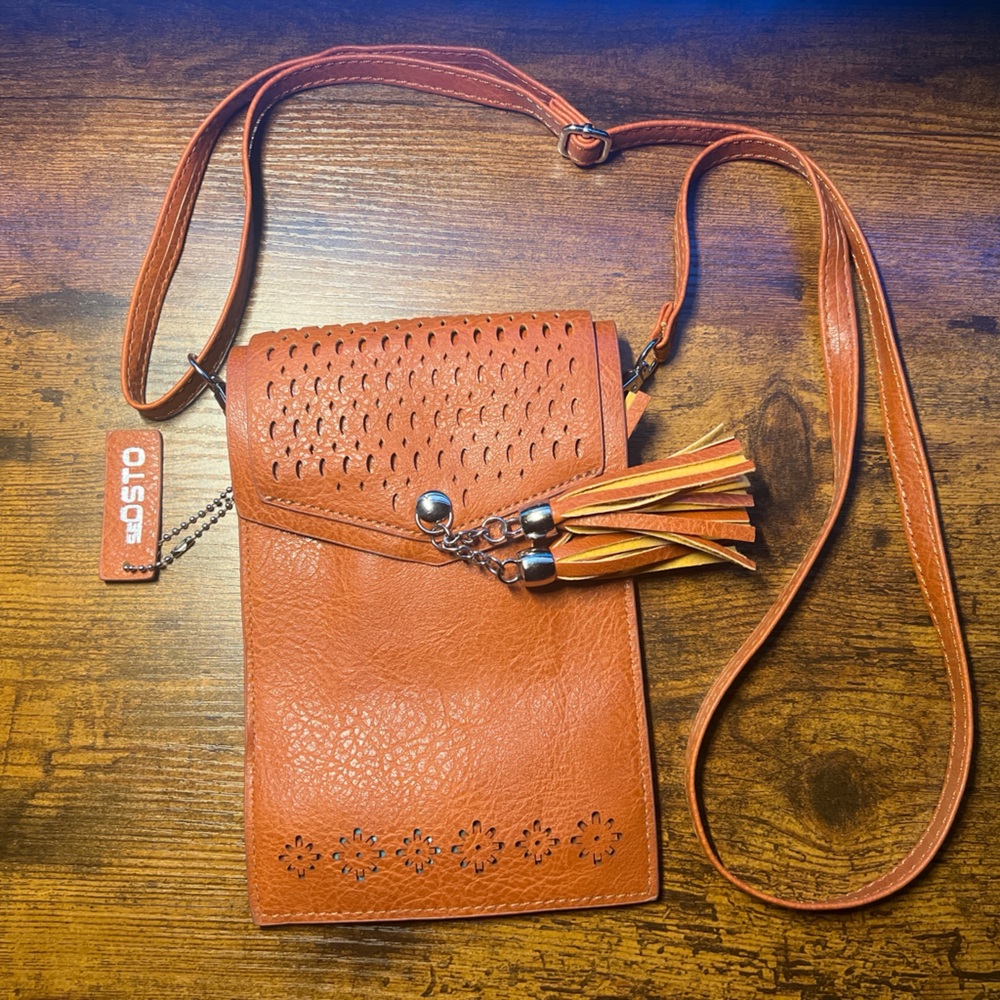Seosto Brown Faux Leather Mini Crossbody Phone Bag Tassel